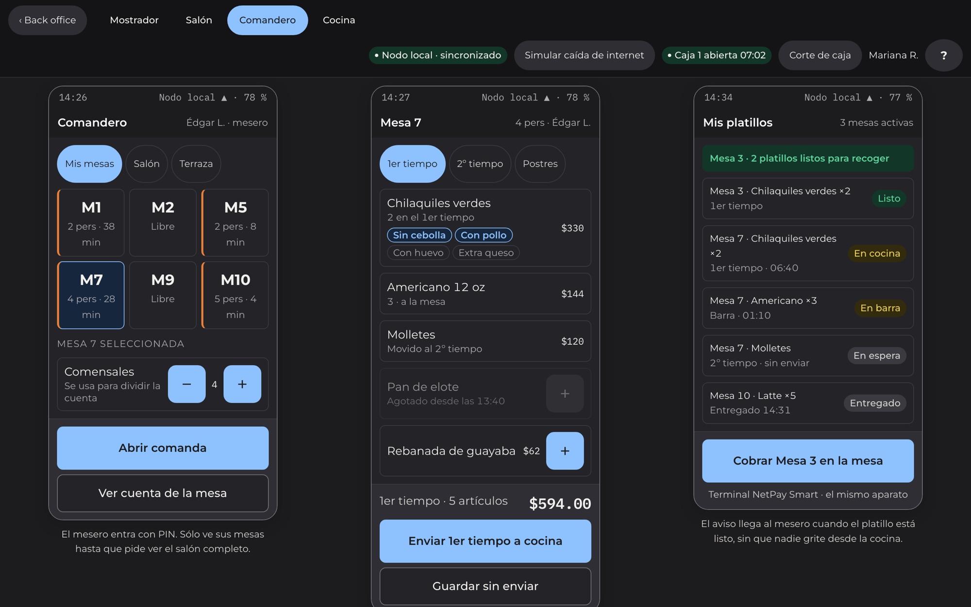 Tres pantallas del comandero en el celular del mesero: sus mesas, la comanda por tiempos y el aviso de platillos listos.